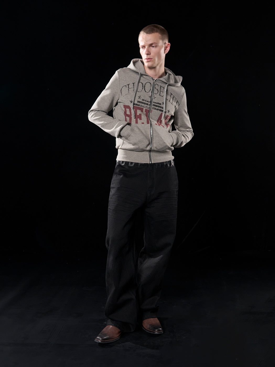 Distressed Grey Full-Print Zip-Up Hoodie