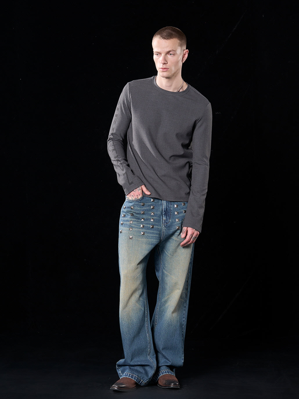 Gradient Bleach Wide-Leg Jeans with Metallic Square Studs