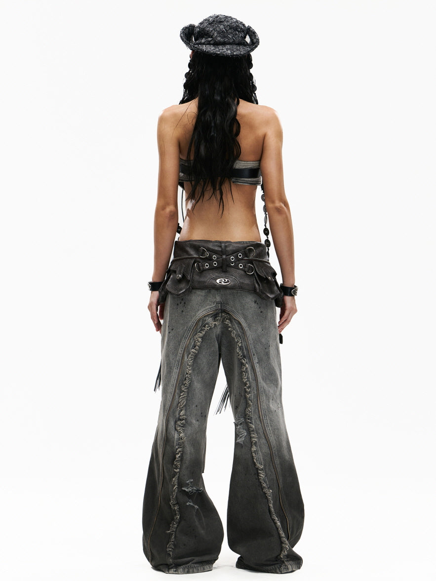 Fringe Belted Flare Cargo Pants Set