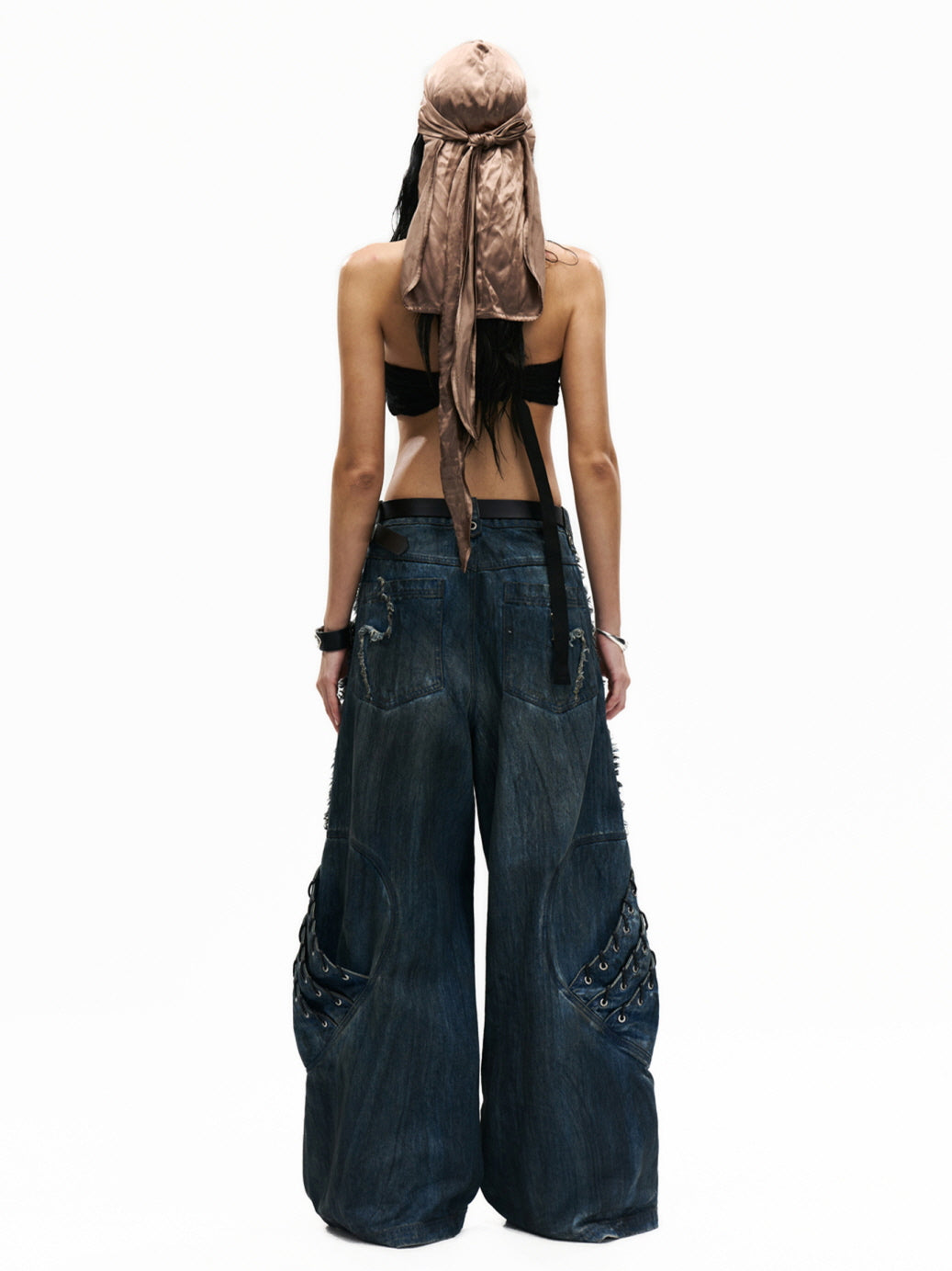 Frayed Lace-Up Panel Denim Pants