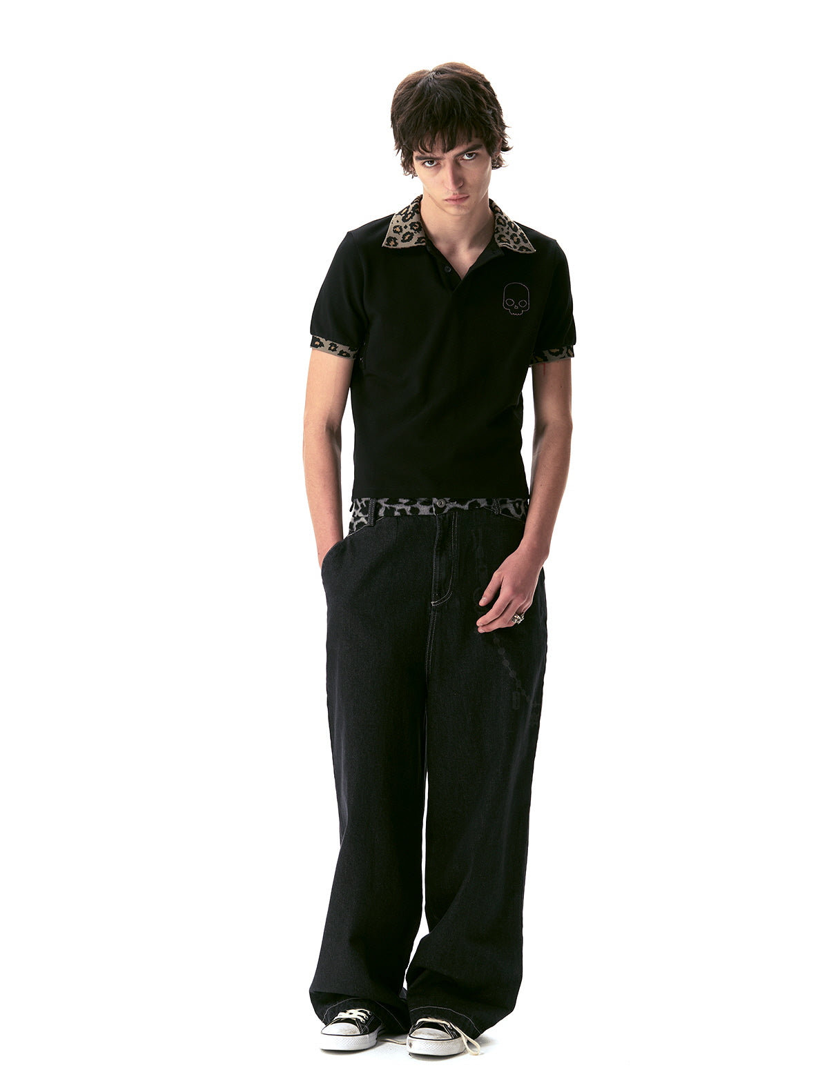 Leopard Collar Skull Embroidery Polo Shirt