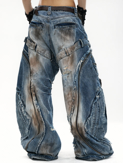 Industrial Wave Washed Denim Pants