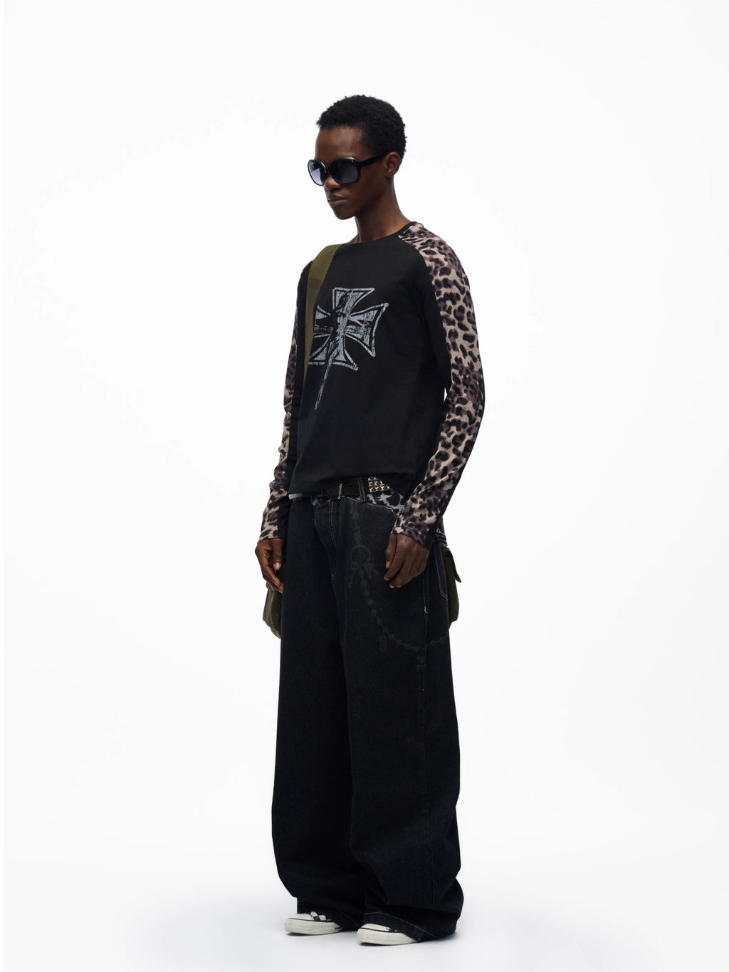 Leopard Trim Washed Wide Denim Pants