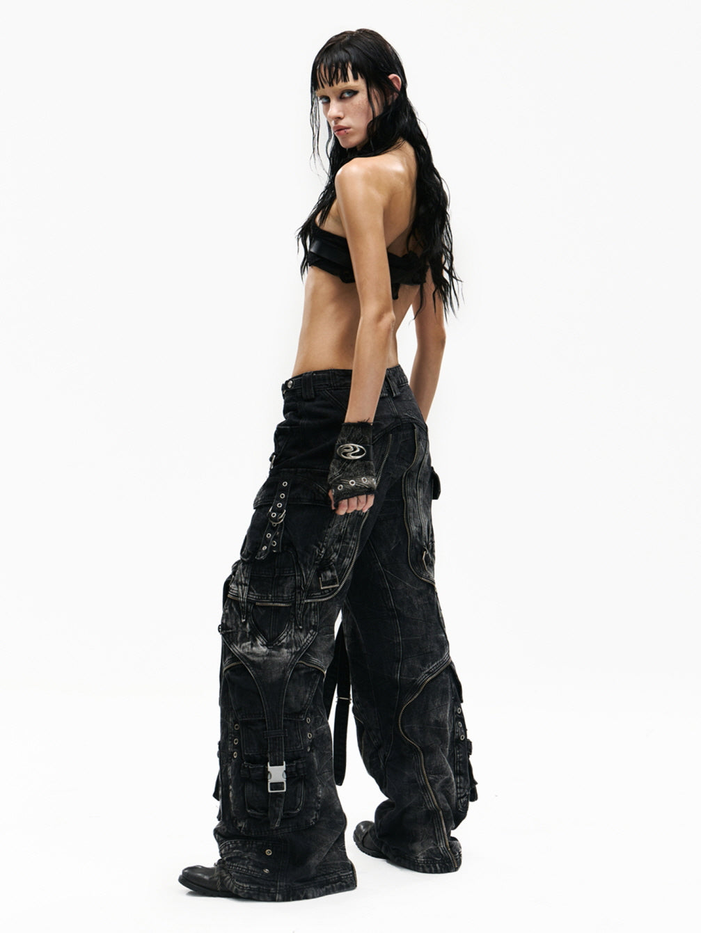 Tactical Washed Wide-Leg Jeans