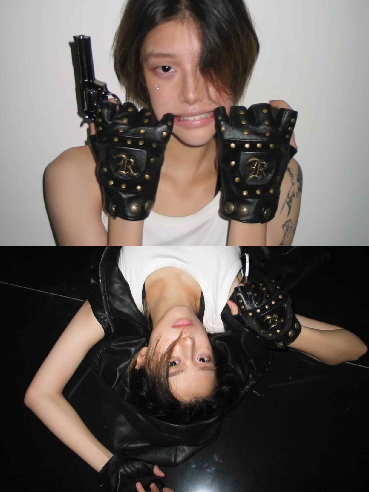 R-Studded Leather Fingerless Gloves