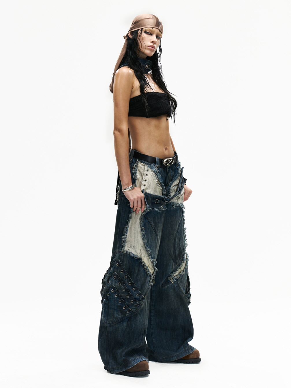 Frayed Lace-Up Panel Denim Pants