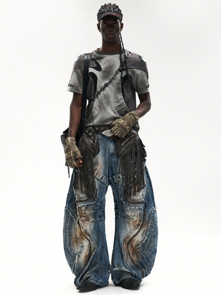 Industrial Wave Washed Denim Pants