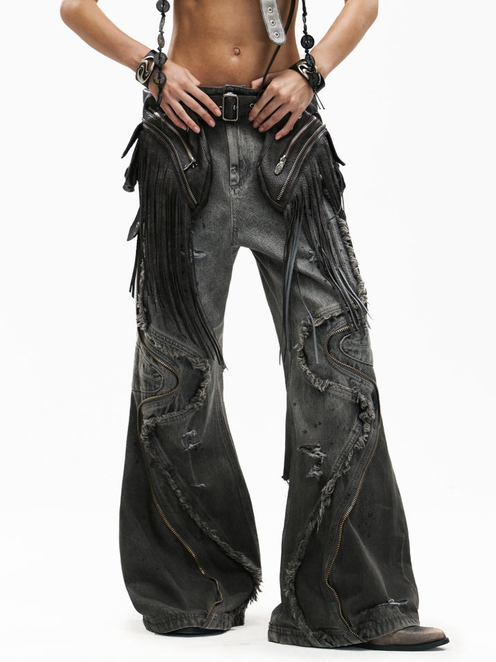 Fringe Belted Flare Cargo Pants Set