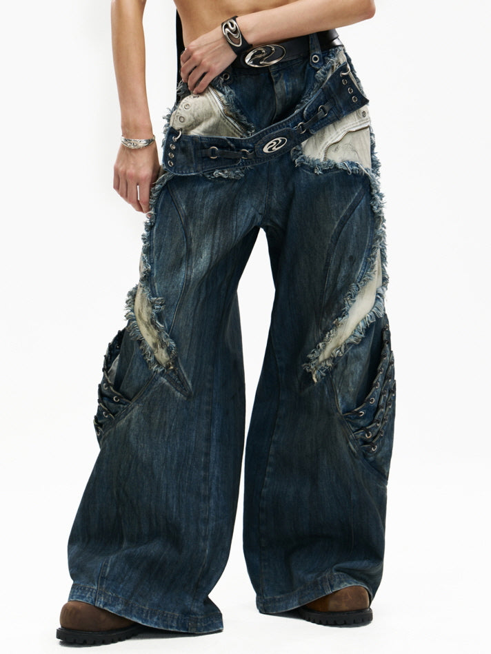 Frayed Lace-Up Panel Denim Pants