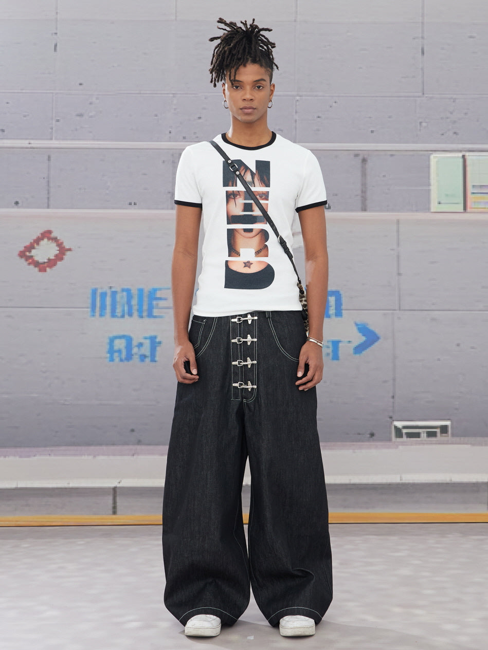 Hook Buckle Wide-Leg Denim Pants
