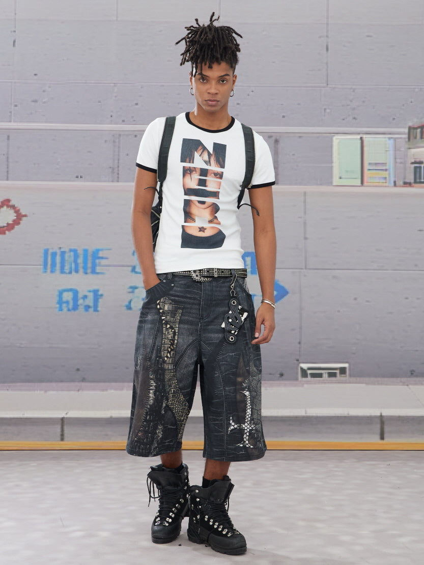 Reptile Patchwork Denim Shorts