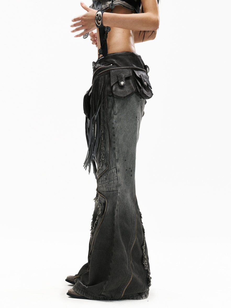 Fringe Belted Flare Cargo Pants Set