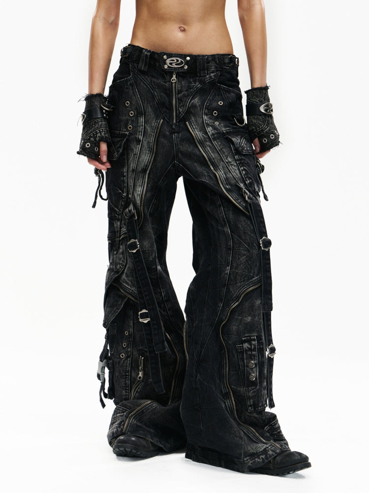 Tactical Washed Wide-Leg Jeans