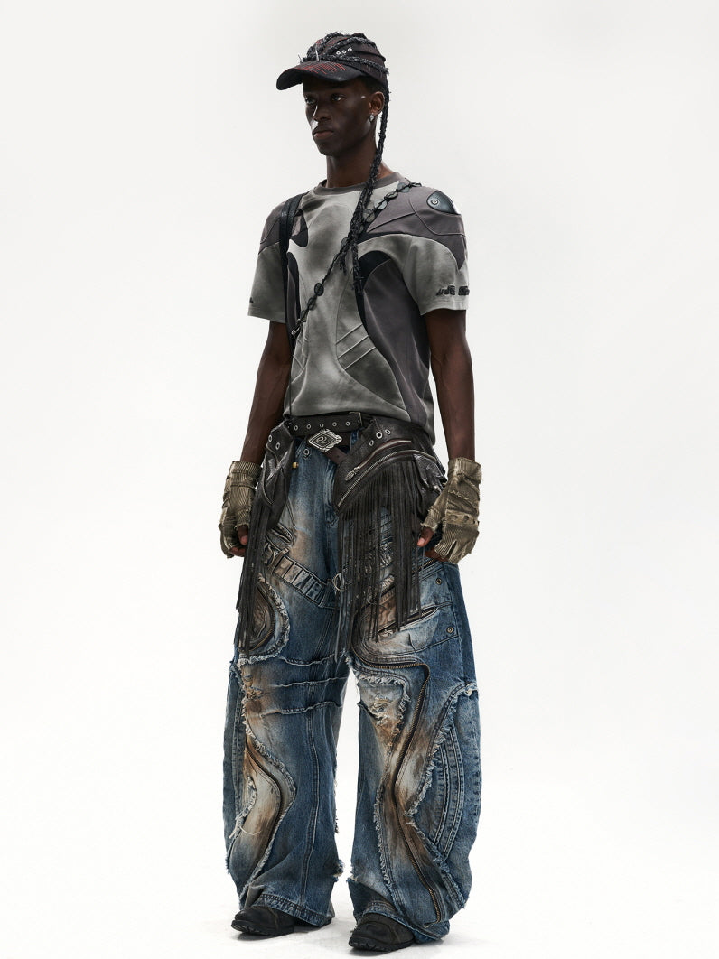 Industrial Wave Washed Denim Pants
