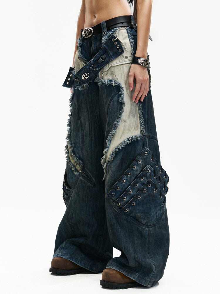 Frayed Lace-Up Panel Denim Pants
