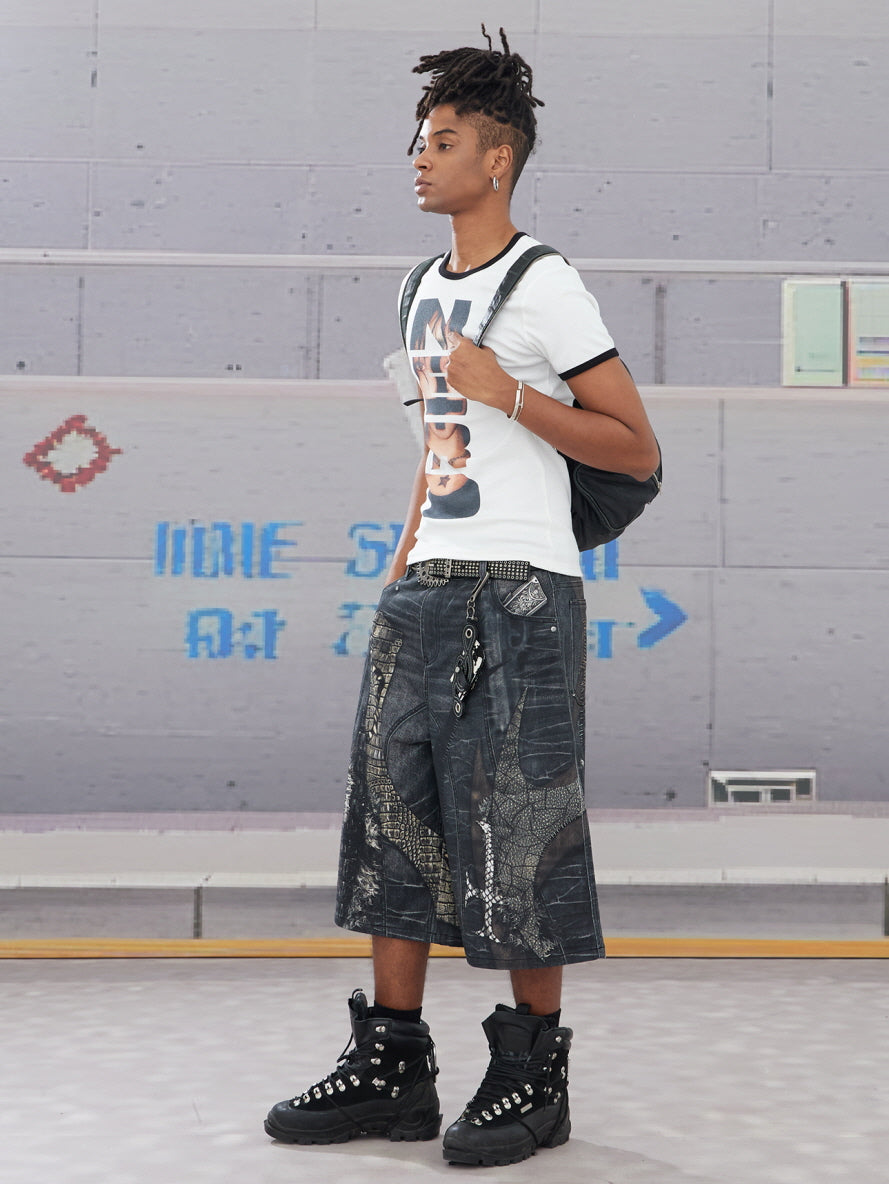Reptile Patchwork Denim Shorts