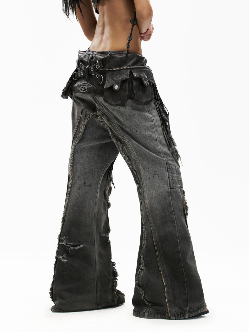 Fringe Belted Flare Cargo Pants Set