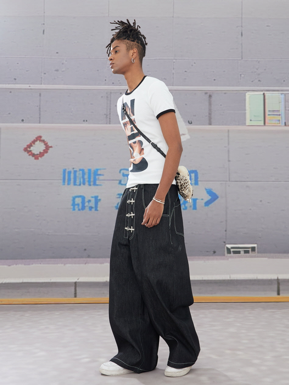 Hook Buckle Wide-Leg Denim Pants
