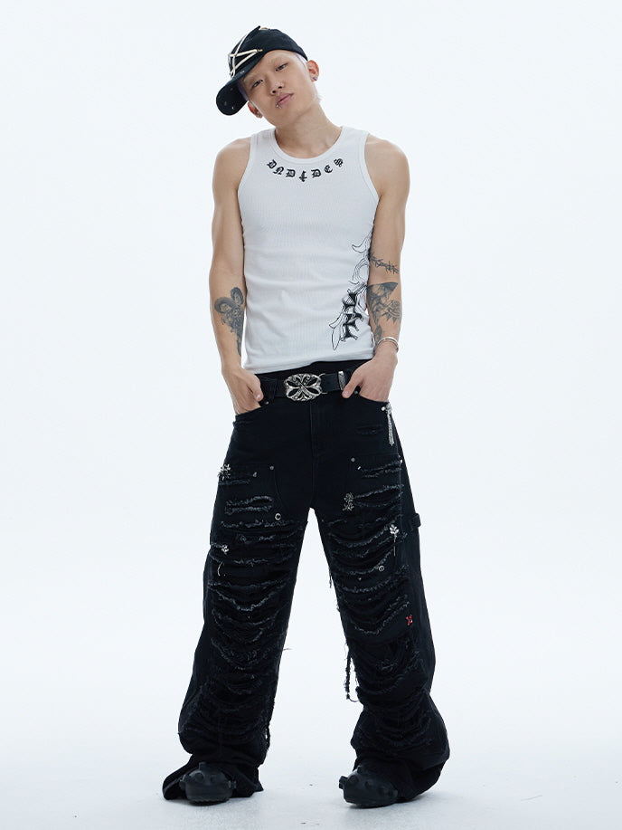Tribal Spine Graphic Ribbed Tank Top　　
