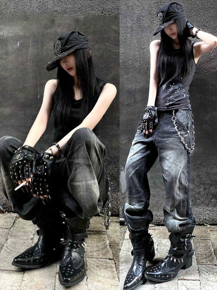 R-Studded Leather Fingerless Gloves