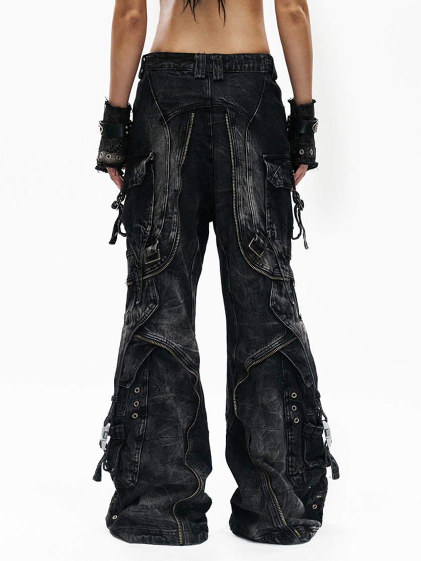 Tactical Washed Wide-Leg Jeans