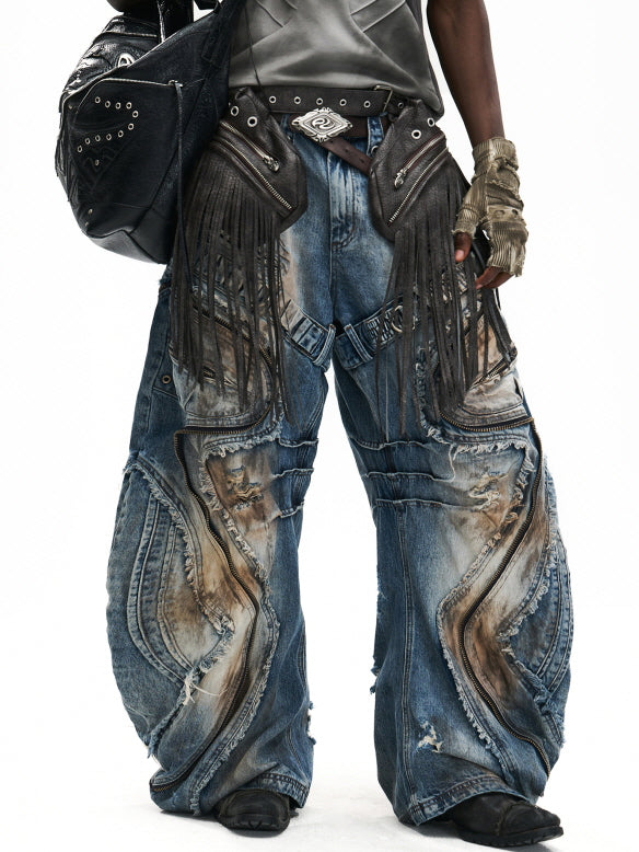 Industrial Wave Washed Denim Pants