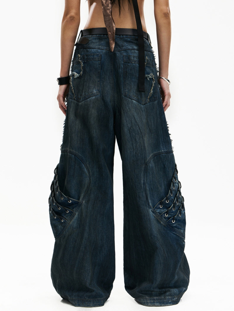 Frayed Lace-Up Panel Denim Pants