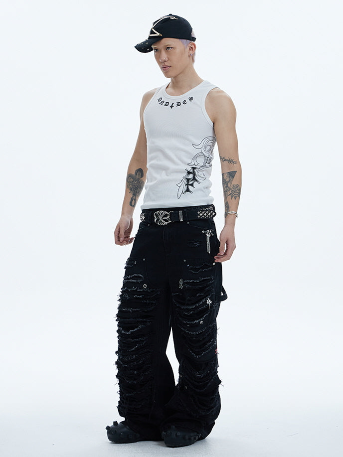 Tribal Spine Graphic Ribbed Tank Top　　