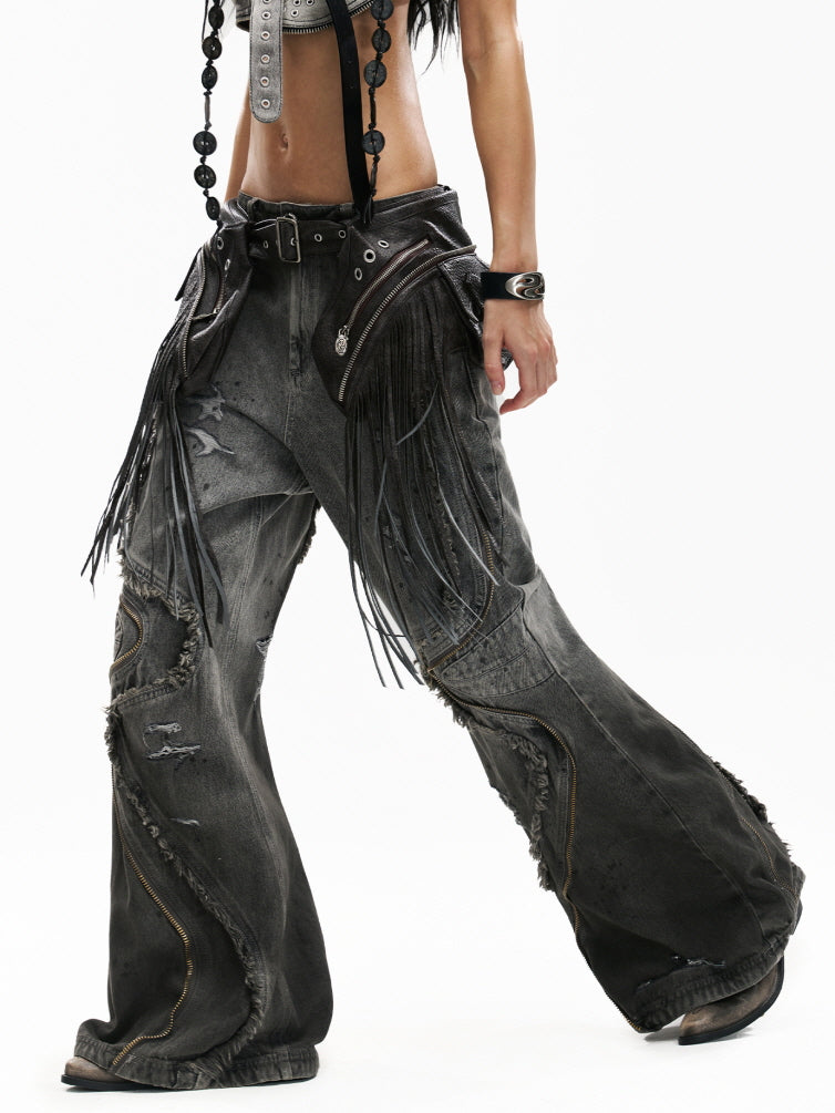 Fringe Belted Flare Cargo Pants Set