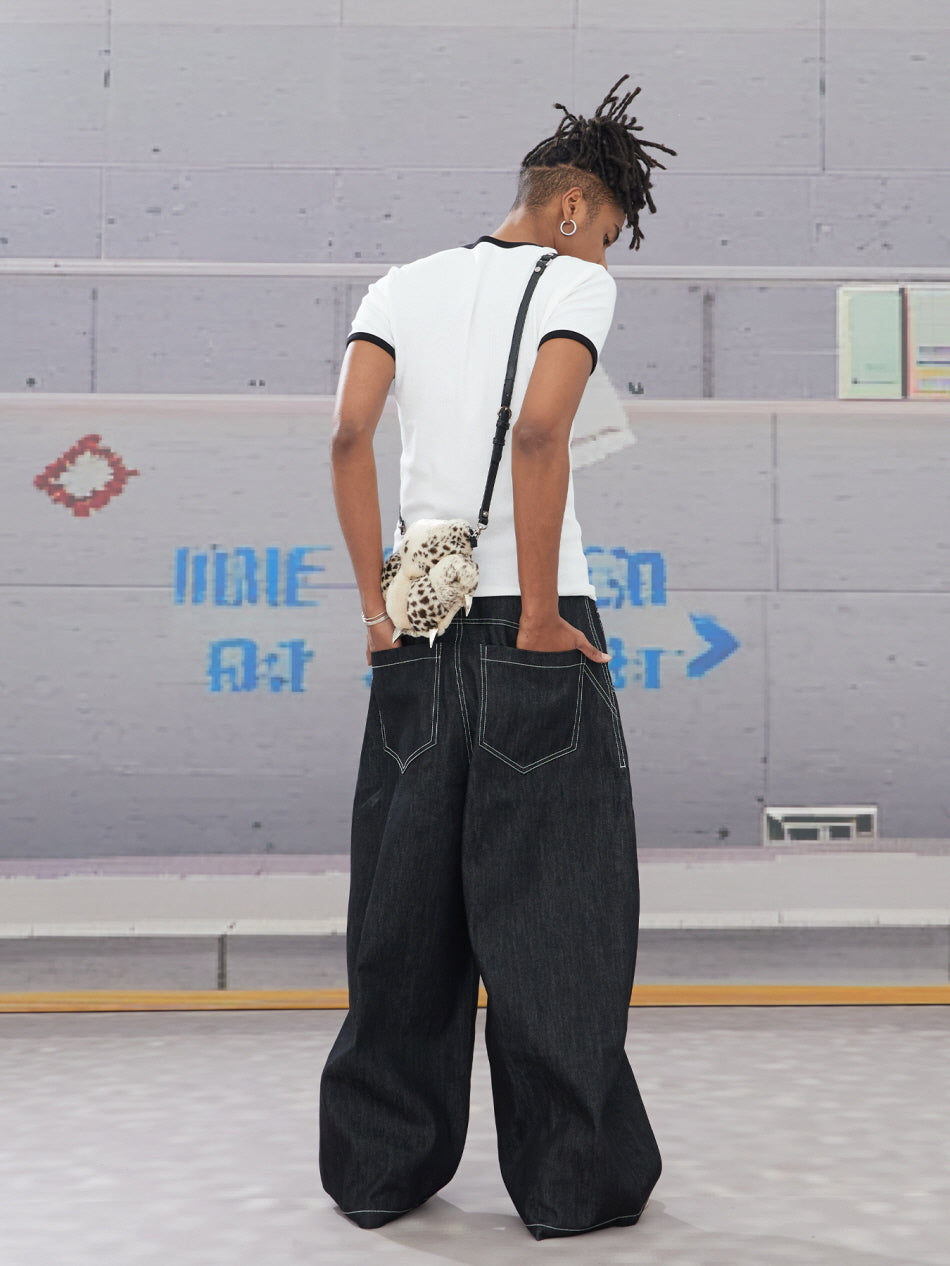 Hook Buckle Wide-Leg Denim Pants