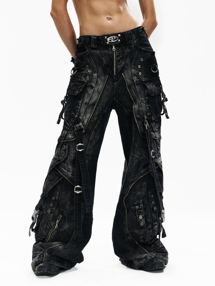Tactical Washed Wide-Leg Jeans