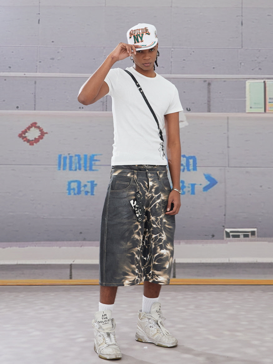 Double Waist Flame Wash Denim Short Pants
