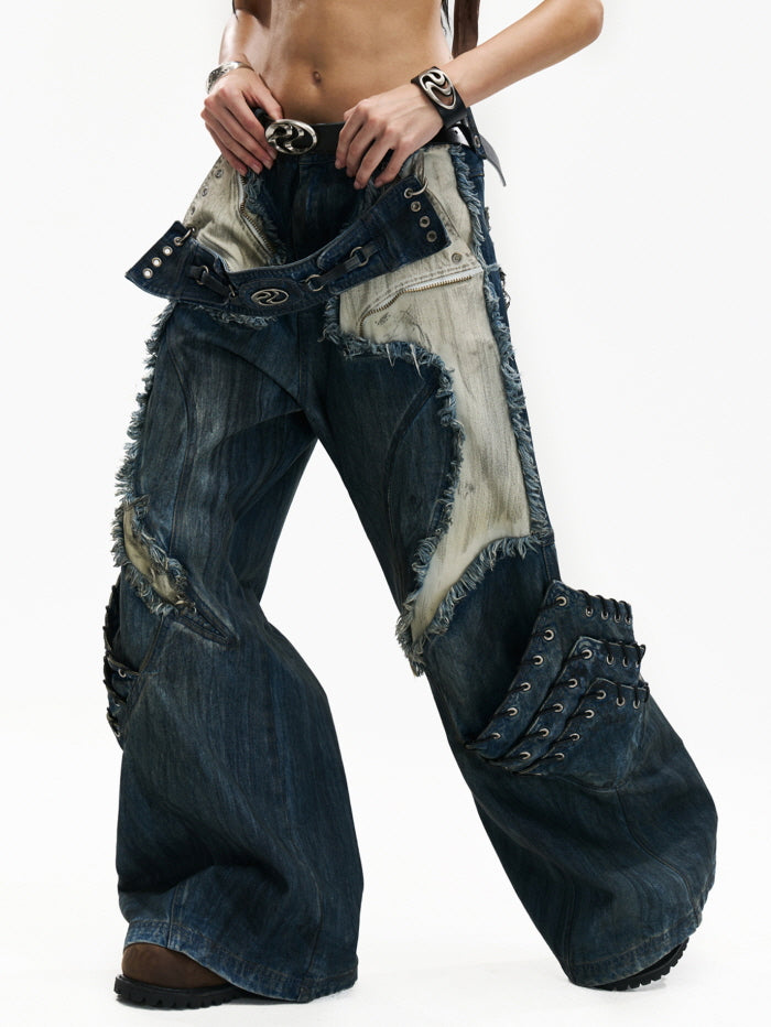 Frayed Lace-Up Panel Denim Pants