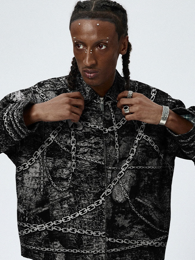 Gothic Chain Graphic Zip-Up Jacket