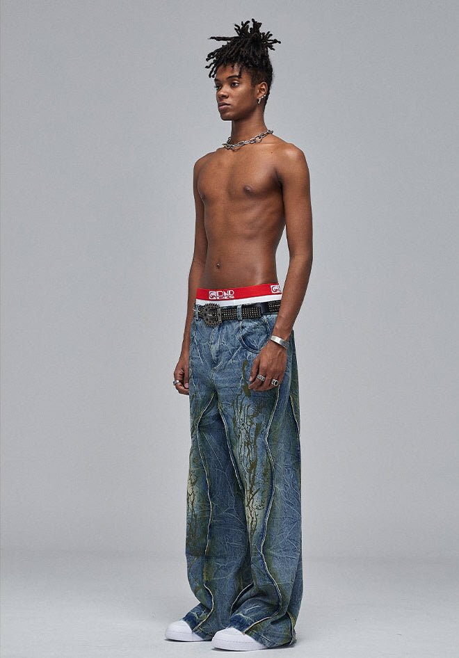 Abstract Splatter Washed Wide Denim Pants