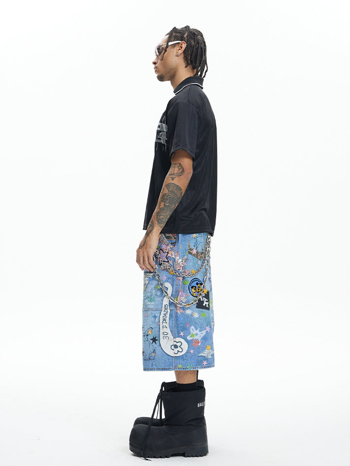 Star Graffiti Art Denim Short Pants