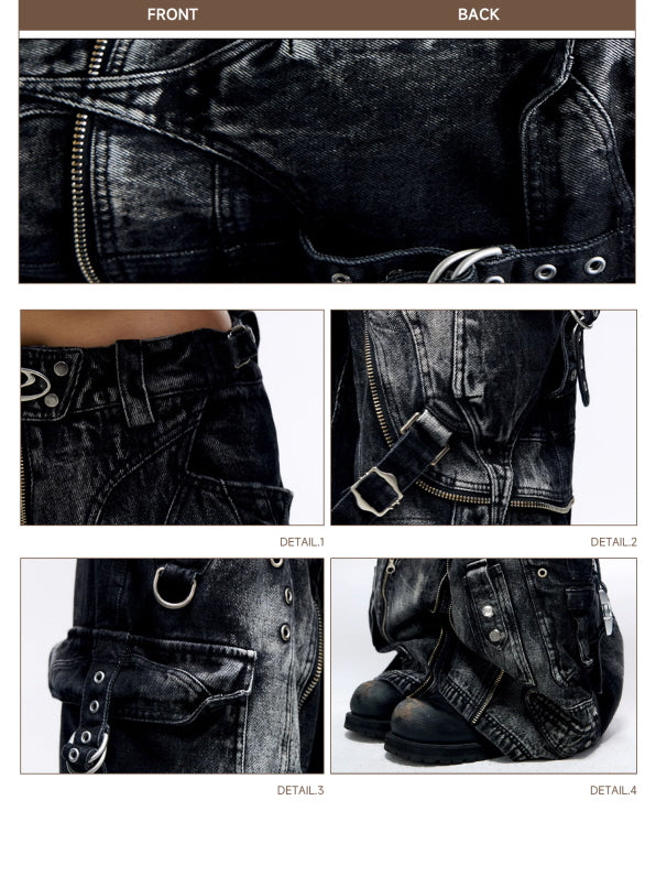 Tactical Washed Wide-Leg Jeans