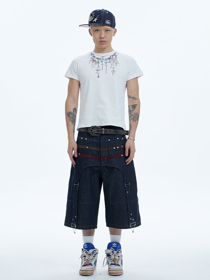 Star Panel Wide-Leg Denim Short Pants