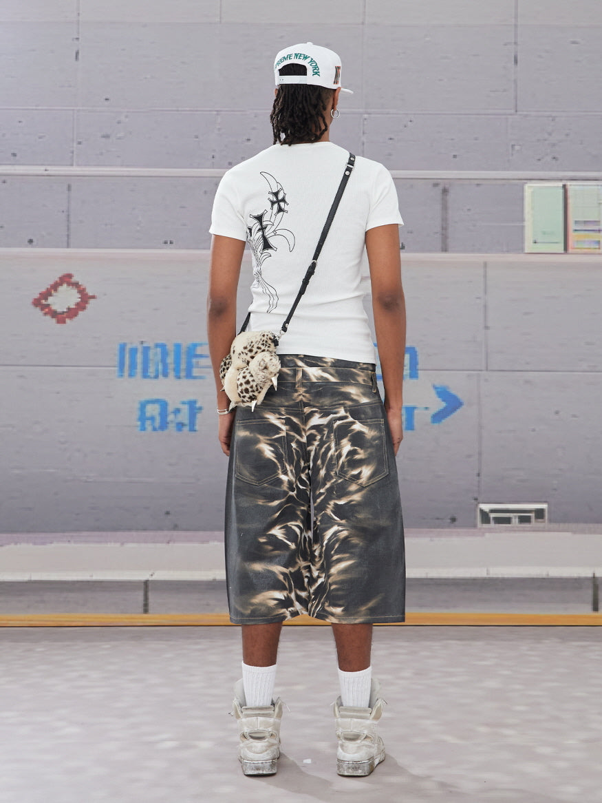 Double Waist Flame Wash Denim Short Pants