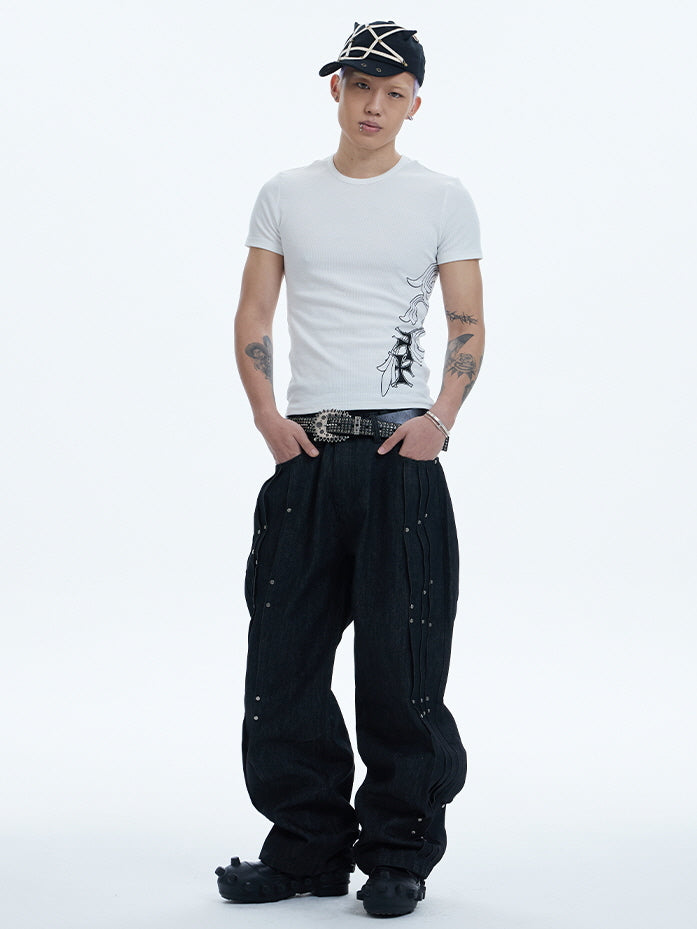 Industrial Rivet Line Wide Black Pants