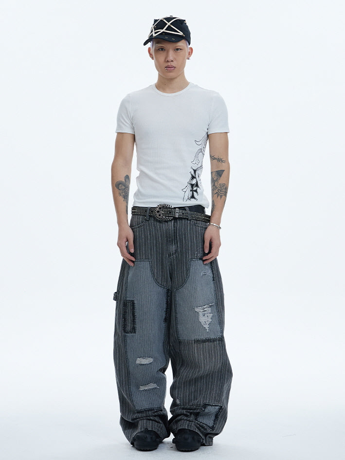 Rework Style Pinstripe Patch Wide Pants