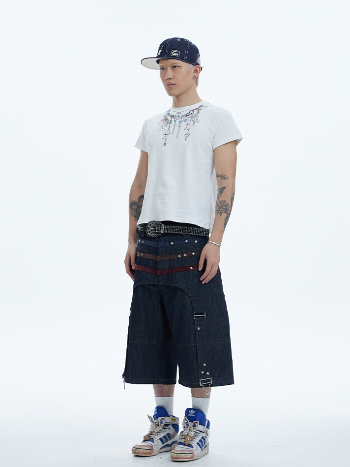 Star Panel Wide-Leg Denim Short Pants