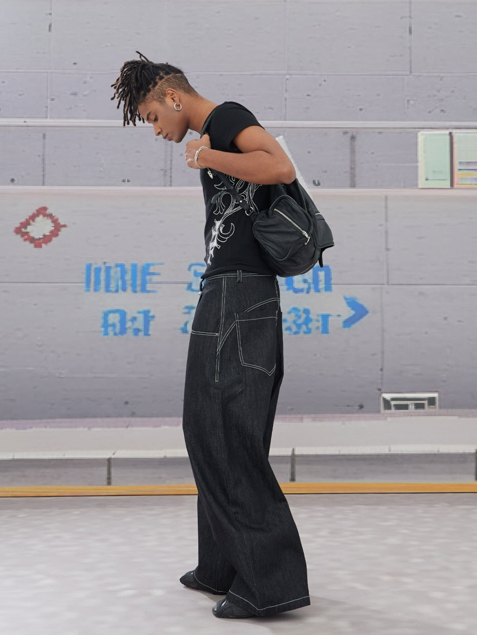 Hook Buckle Wide-Leg Denim Pants