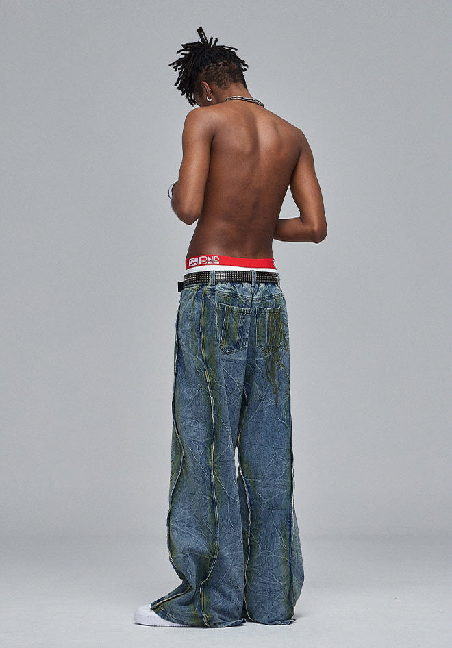Abstract Splatter Washed Wide Denim Pants