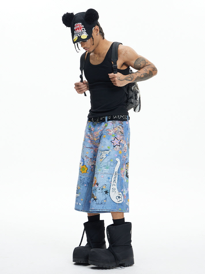 Star Graffiti Art Denim Short Pants