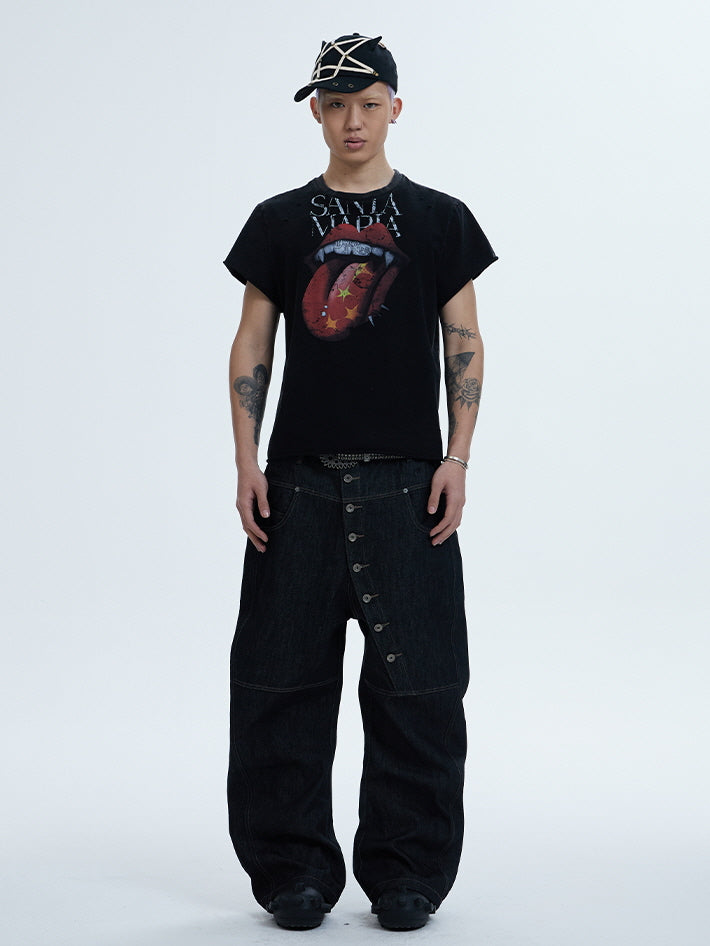 Asymmetric Button Wide-Leg Denim Pants