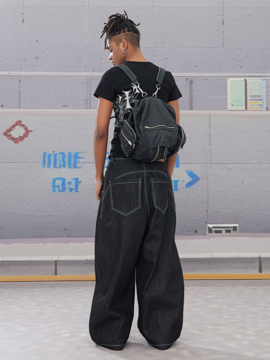 Hook Buckle Wide-Leg Denim Pants