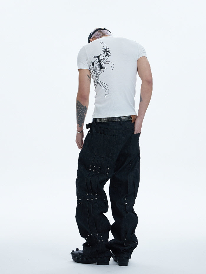 Industrial Rivet Line Wide Black Pants