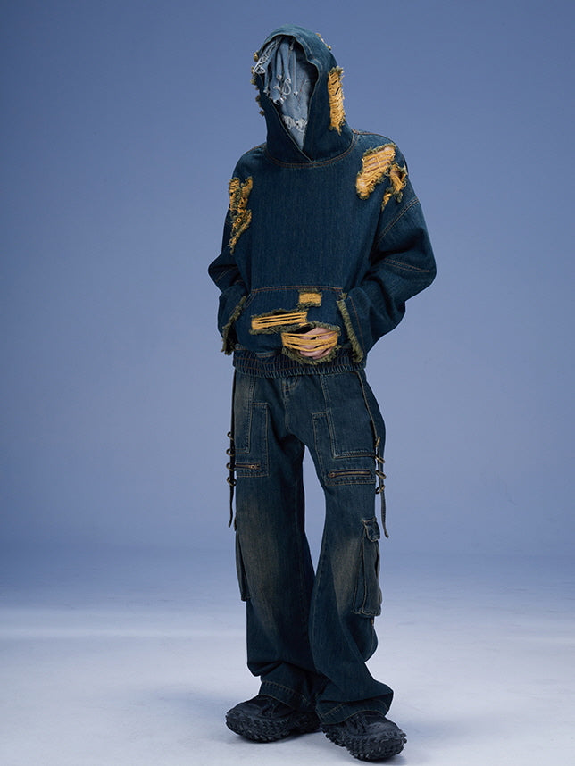 Metal Loop Detail Wide Denim Cargo Pants