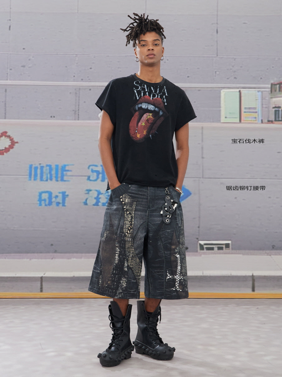 Reptile Patchwork Denim Shorts